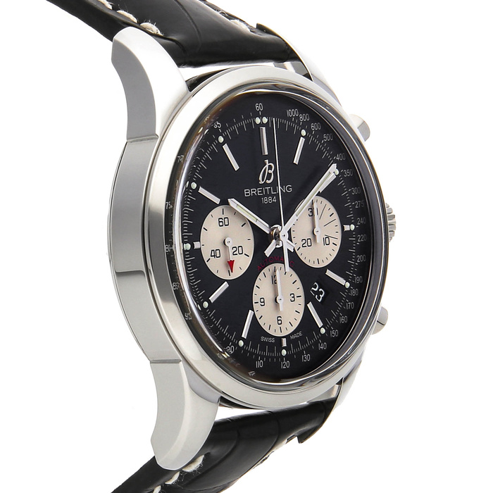 The 43mm fake watch has black dial.